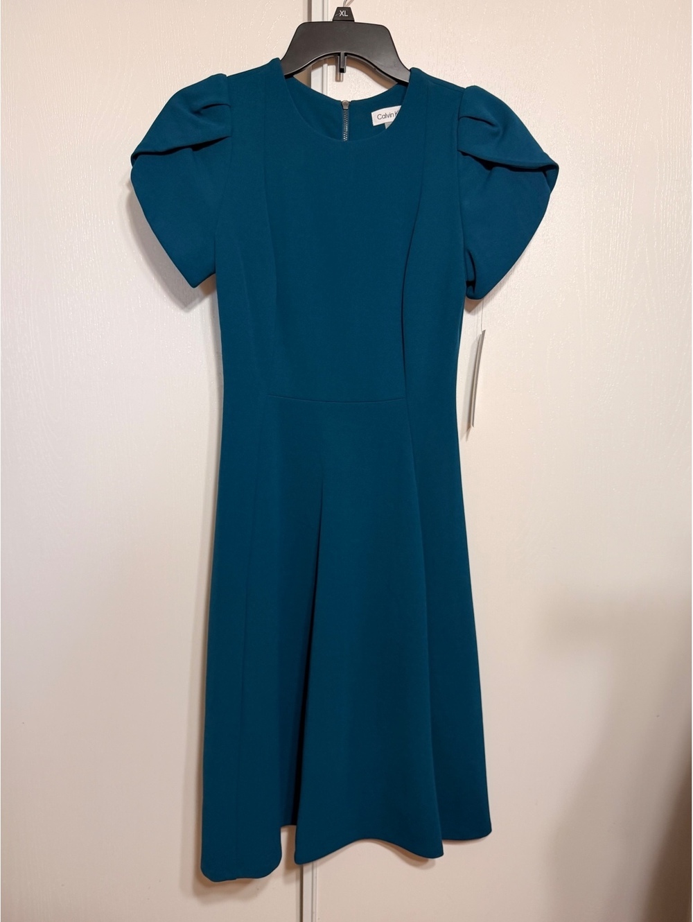 Calvin Klein Womens Size 2 Teal Puff Sleeve Fit Flare Midi Dress NWT